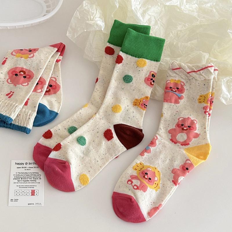 Little Beaver Ruby Socks for Girls Cute and Trendy Pink Girlish Cartoon Mid-calf Socks Colorful Dot Pile Socks
