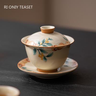 Chinese Retro Ru Kiln Ceramic Gaiwan Hand-painted Flowers Teacup Handmade Beauty Tea Infuser Household Tea Bowl Portable Teaware