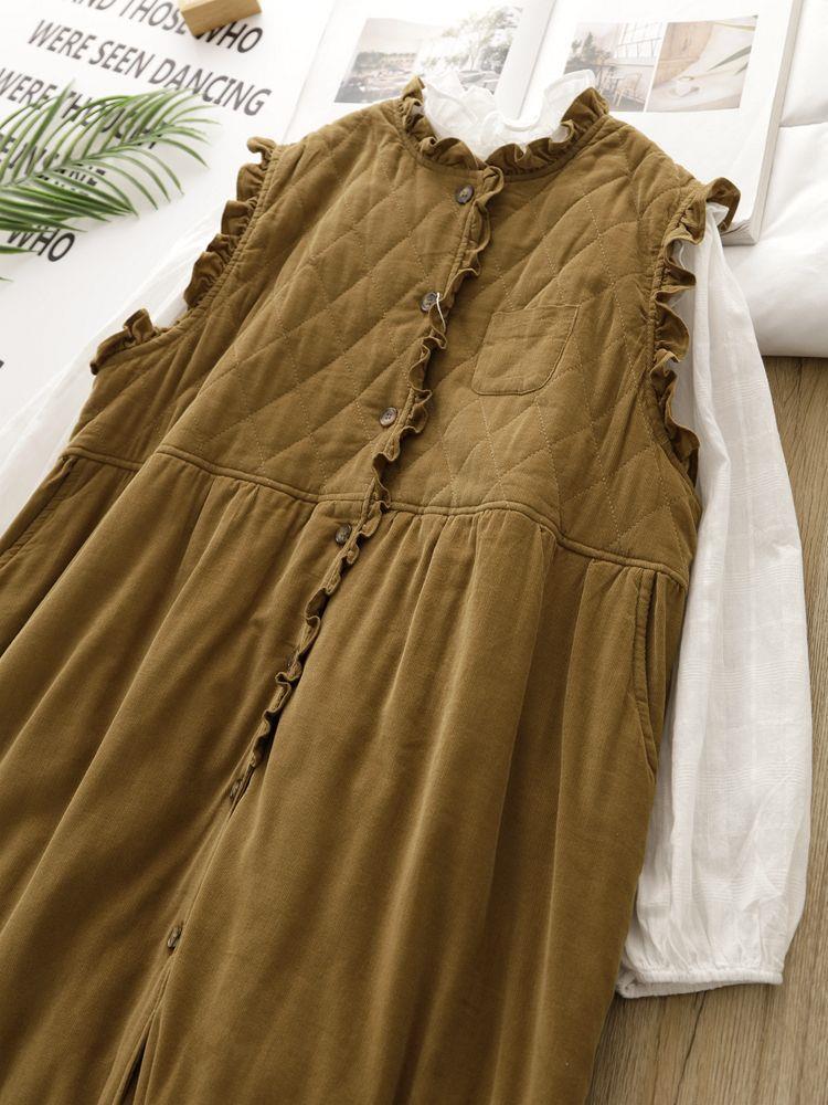 Women's Retro Forest-Style Sleeveless Corduroy Maxi Dress