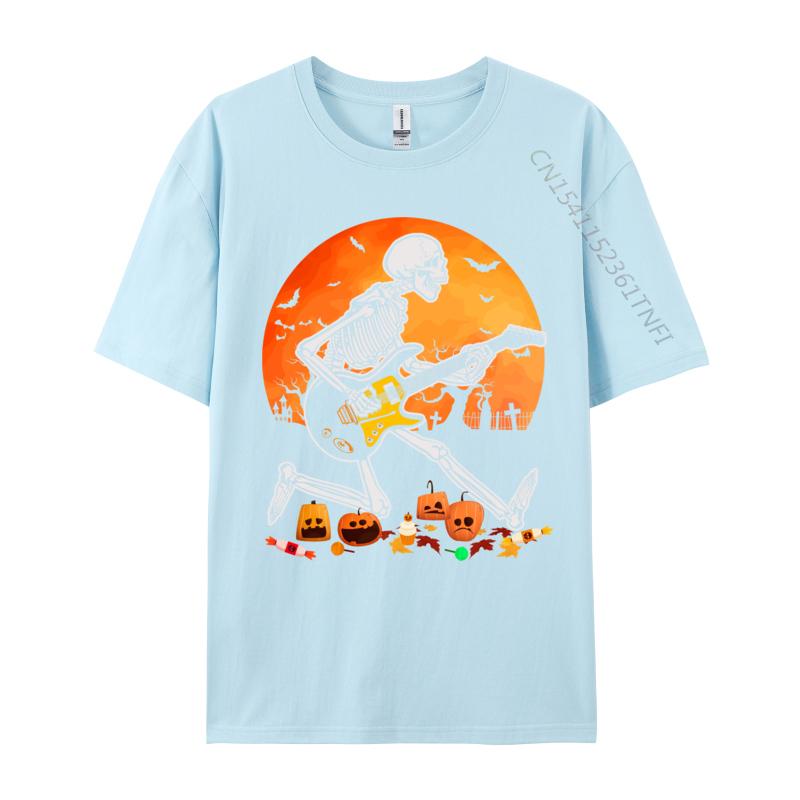 Skeleton Playing Bass Guitar Halloween T Shirt Normal Fall Retro Funny Pure Cotton Camisa Mens Tshirts Funny Clothing