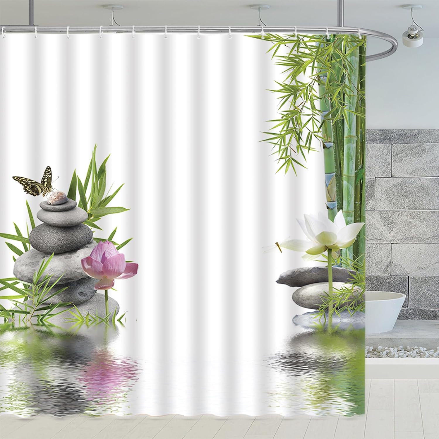 Spring Landscape Shower Curtains Green Bamboo Lotus Butterfly Dragonfly Japanese Meditation SPA Themed Bathroom Decor Polyester 90x180CM