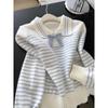 French Sweet Bow Striped Sweater for Women with Lapel Loose Sweater for Small People Autumn and Winter Casual