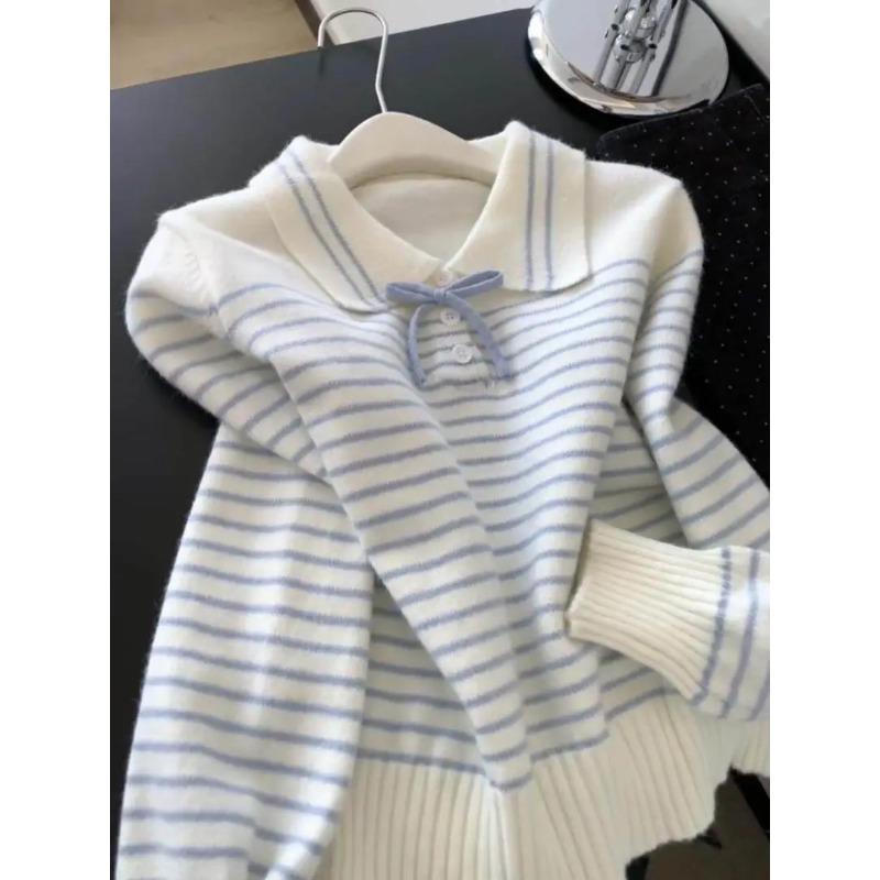 French Sweet Bow Striped Sweater for Women with Lapel Loose Sweater for Small People Autumn and Winter Casual