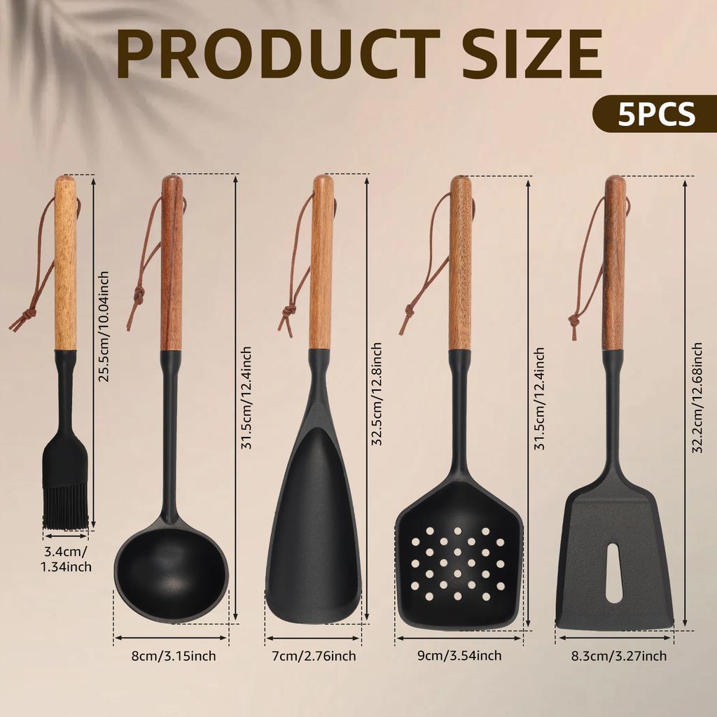 5Pcs Silicone Cooking Utensil Set Non-stick Cookware Heat Resistant Spatula Ladle Set Wooden Handle Cookware Tool Accessoires