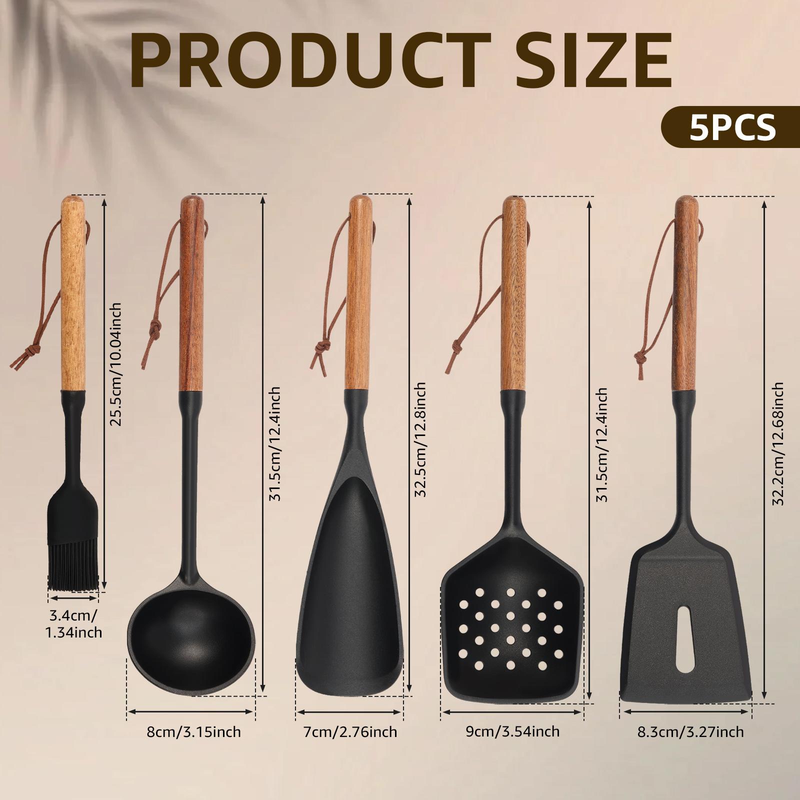 5Pcs Silicone Cooking Utensil Set Non-stick Cookware Heat Resistant Spatula Ladle Set Wooden Handle Cookware Tool Accessoires