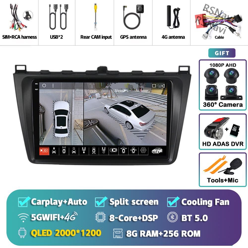 Android 14 Carplay Auto For Mazda 6 2008 - 2012 Car Radio 4G+WIFI Player Multimedia Stereo Navigation Video 360 Camera AI Voice