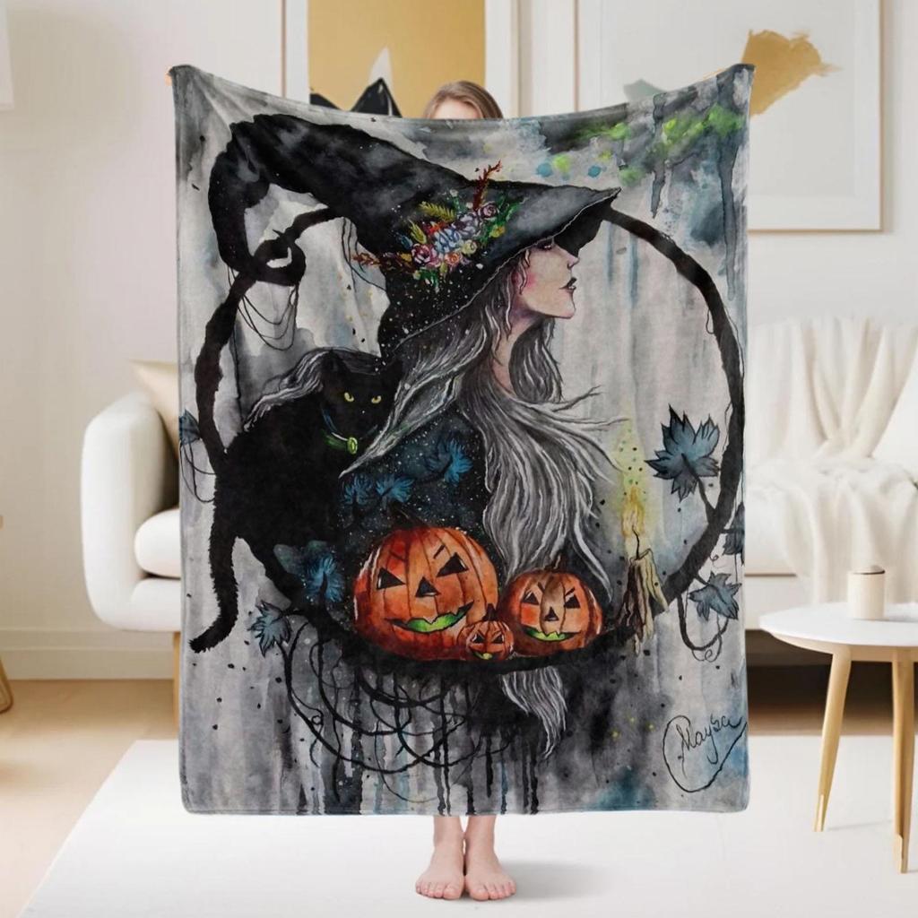 Witch Cat Pumpkin Art Print Flannel Throw Blanket Soft Cozy Bed Sofa Cover,Lightweight Decorative Warm Bedding for Halloween Holiday Decor