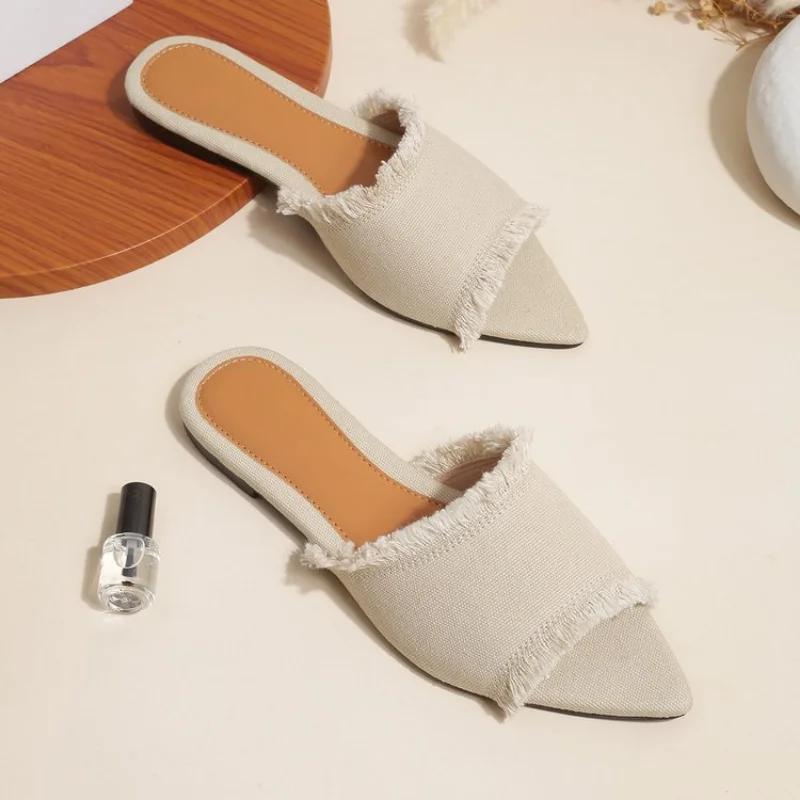 Fashion Women Flats Cowboy Slippers Fashion Beach Dress Shoes  Summer Femme Pointed Toe Flip Flops New Casual Slides Zapatos Mujer