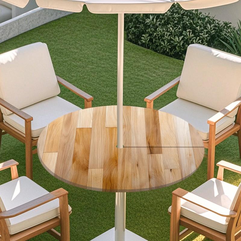 Copritavolo Rotondo da Esterno con Effetto Legno Impermeabile Orlo Elastico Per Patio Giardino Sala da Pranzo
