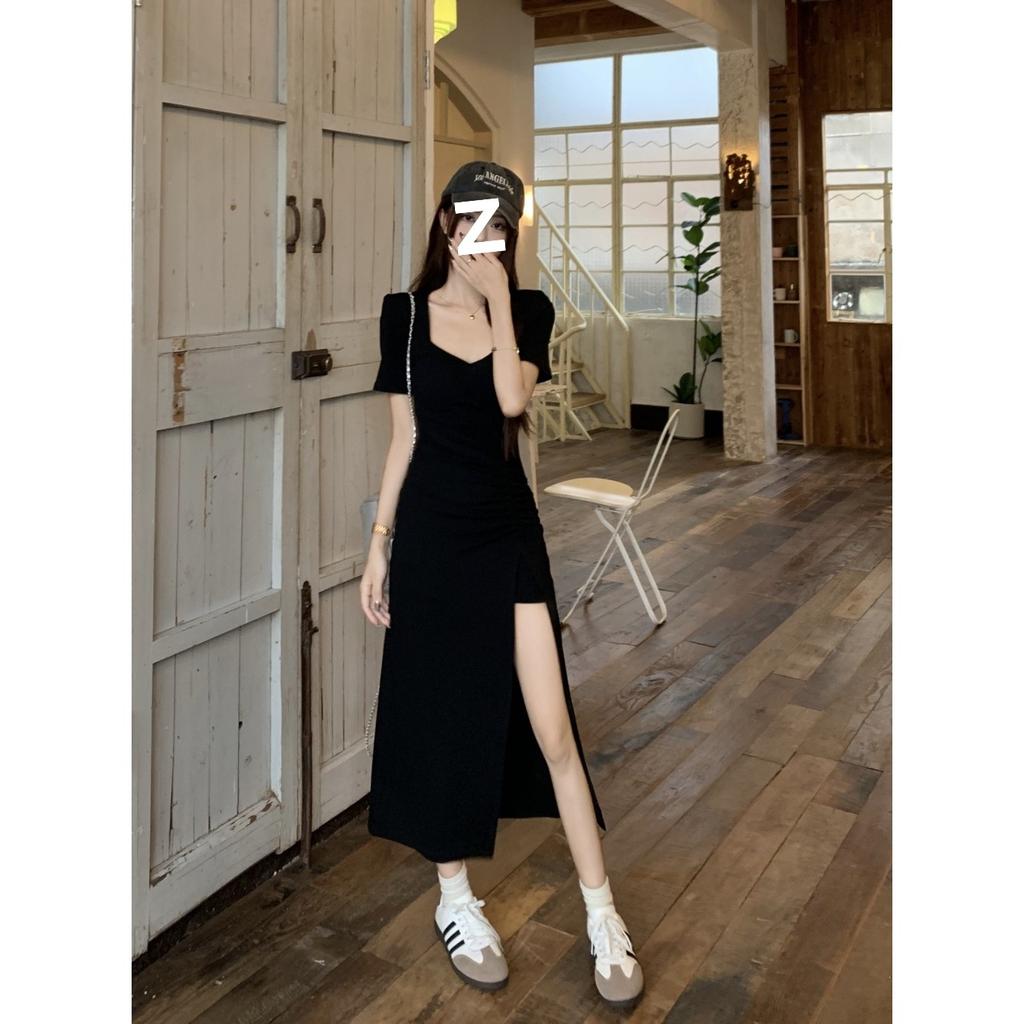 Small black dress temperament waist square neck short sleeve French summer new slim fit split fork thin black dress skirt
