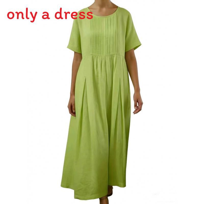 Cotton Linen Pleated Midi Dress With Loose Waist For Casual Wear
