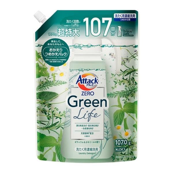 Kao Attack ZERO Green Life One-Hand Type, 380g + Extra-Large Refill, 1070g