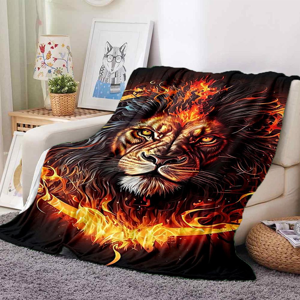 1pc Flame Lion Print Blanket - Lightweight Flannel Throw Blanket For Sofa, Bed, Living Room, Office, Outdoor Travel, Camping, Soft All-Season113