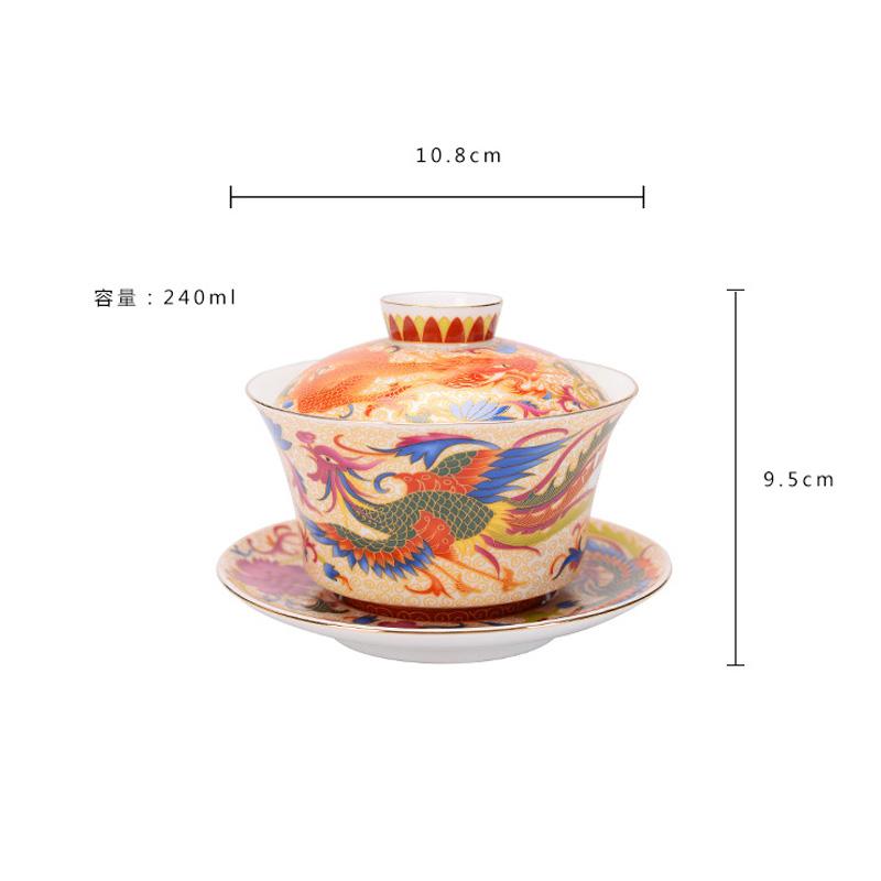 HMLOVE Color Enamel Sancai Gaiwan Large Capacity White Porcelain Cover Bowl Lid Saucer Big Tea Cup Tureen Travel Teaware Sets