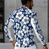 Men s Plus Size Long Sleeve Quarter Zip Collared Polo Shirt Striped Palm Tree Print Beige Navy Blue
