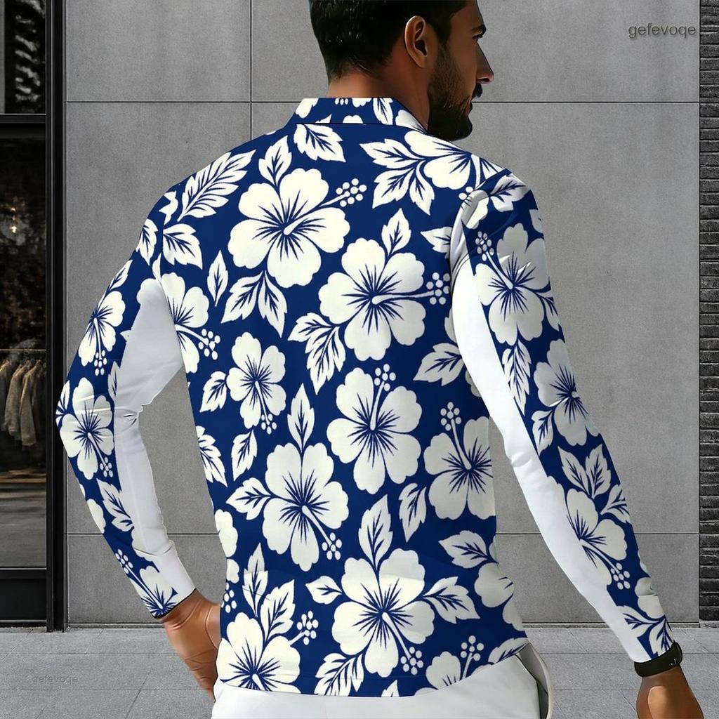Men s Plus Size Long Sleeve Quarter Zip Collared Polo Shirt Striped Palm Tree Print Beige Navy Blue