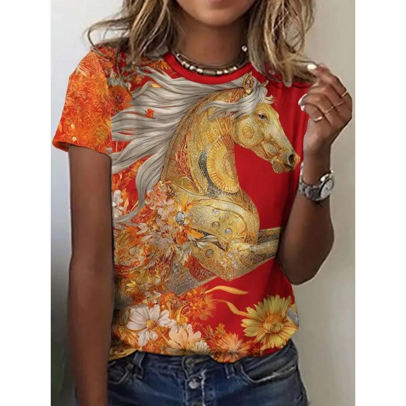 Fashion Women's Clothing High-end Round Neck Cool 3D Print Simple T-Shirts