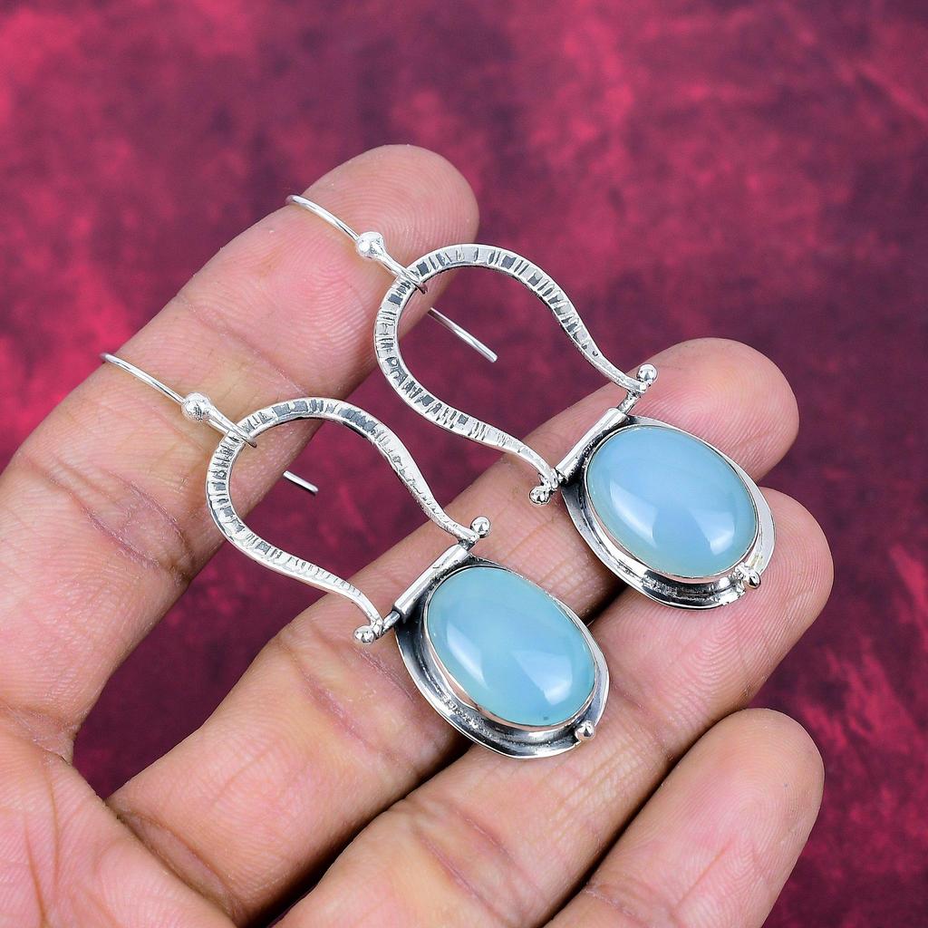 Blue Chalcedony Gemstone 925 Solid Sterling Silver Handmade Antique Jewelry Gift For Mother Earrings