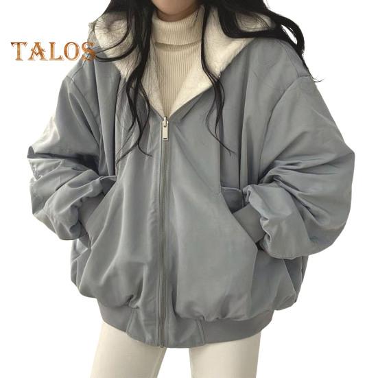 Lady Winter Coat Thick Fleece Lining Loose Hooded Long Sleeves Solid Color Double-sided Wear Zipper Closure Work Dating Travel Jacket