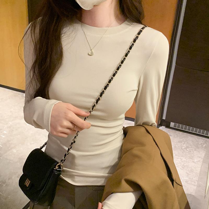 Round Neck Solid Color Long-sleeved Right Shoulder T-shirt with Women's New Autumn and Winter Slimming and Tight Basic Bottoming Top