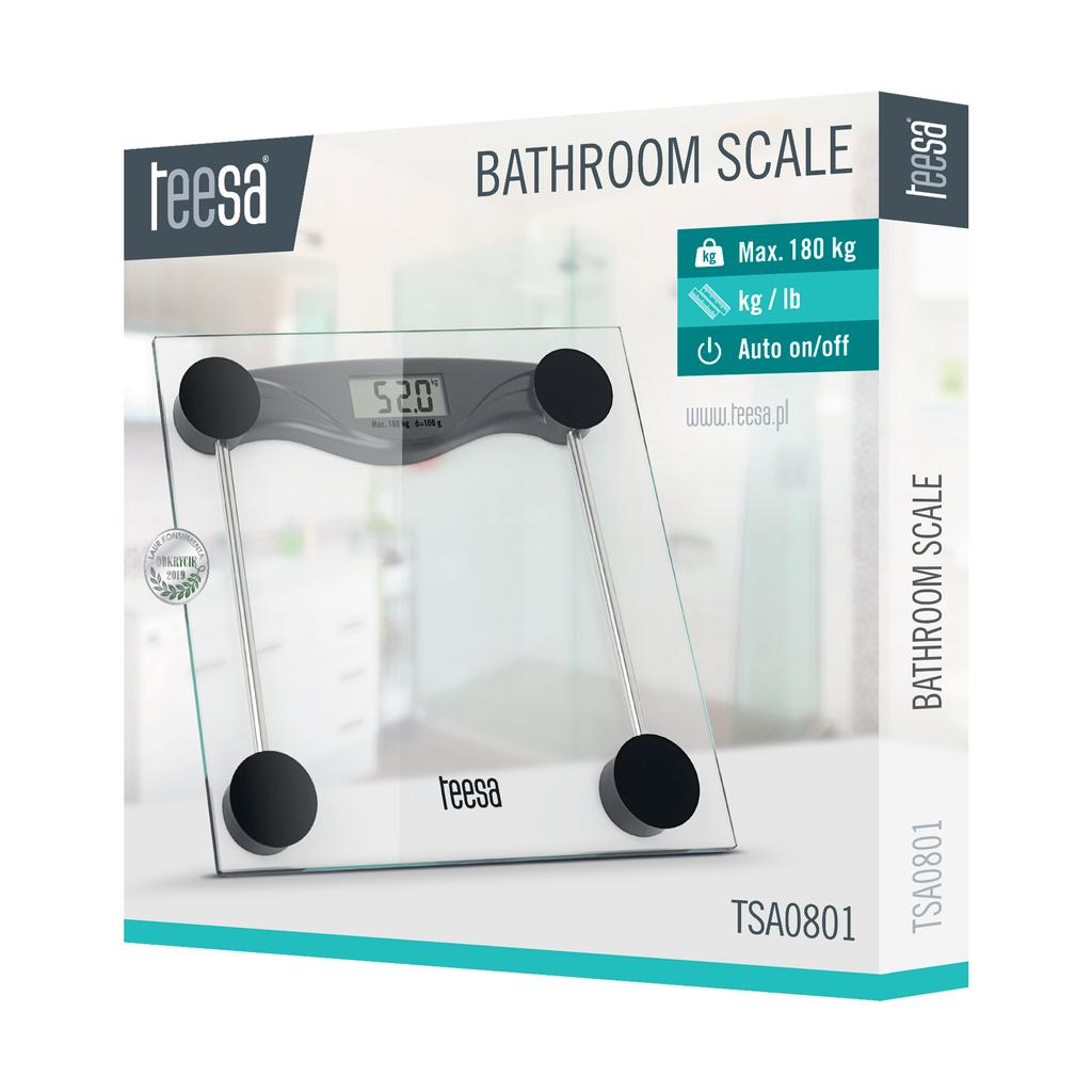 Teesa LCD glass bathroom scale, accuracy up to 0.1 kg, max 180 kg