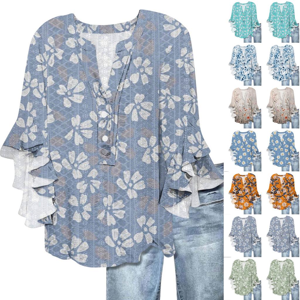 Women's Fashion Casual Button V-Neck Seven Sleeve Vintage Printed Shirt Top