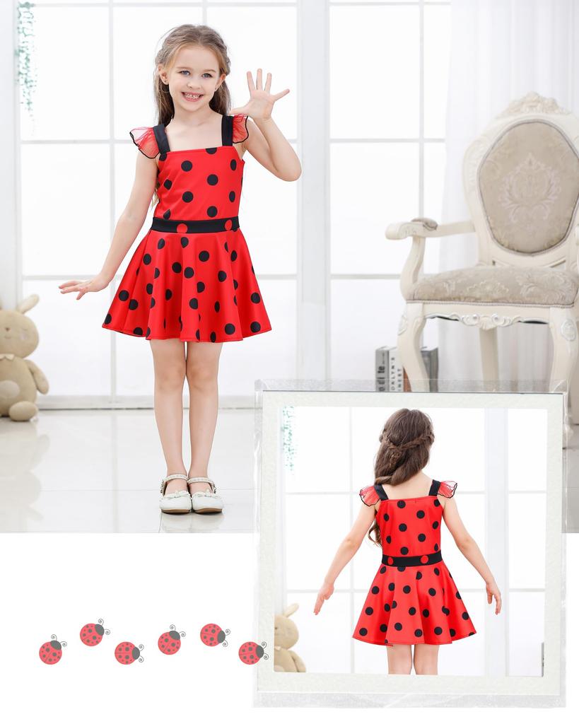 [Dressy Daisy] Girls' Ladybug Heroine Polka Dot Costume for Halloween and Christmas Parties, Skirt, Ages 8-9, Red and Black Dots