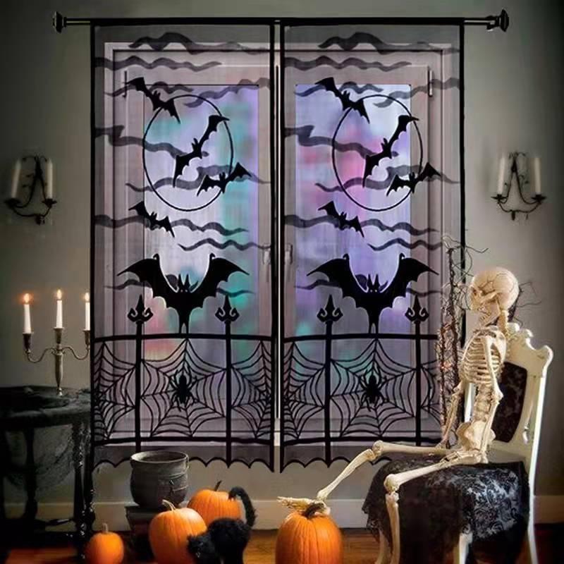 Halloween Decoration Spider Witch Bat Skull Door Curtain Ghost Festival Black Lace Curtain Halloween Home Party Decor Supplies
