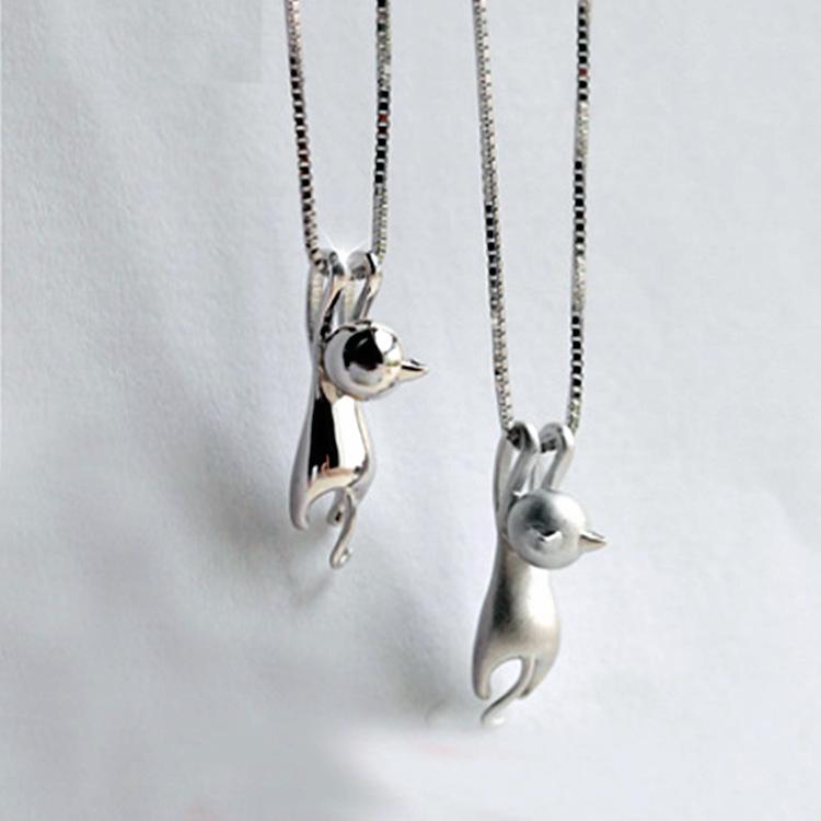 Korean Style 925 Sterling Silver Cat Pendant Necklace for Women