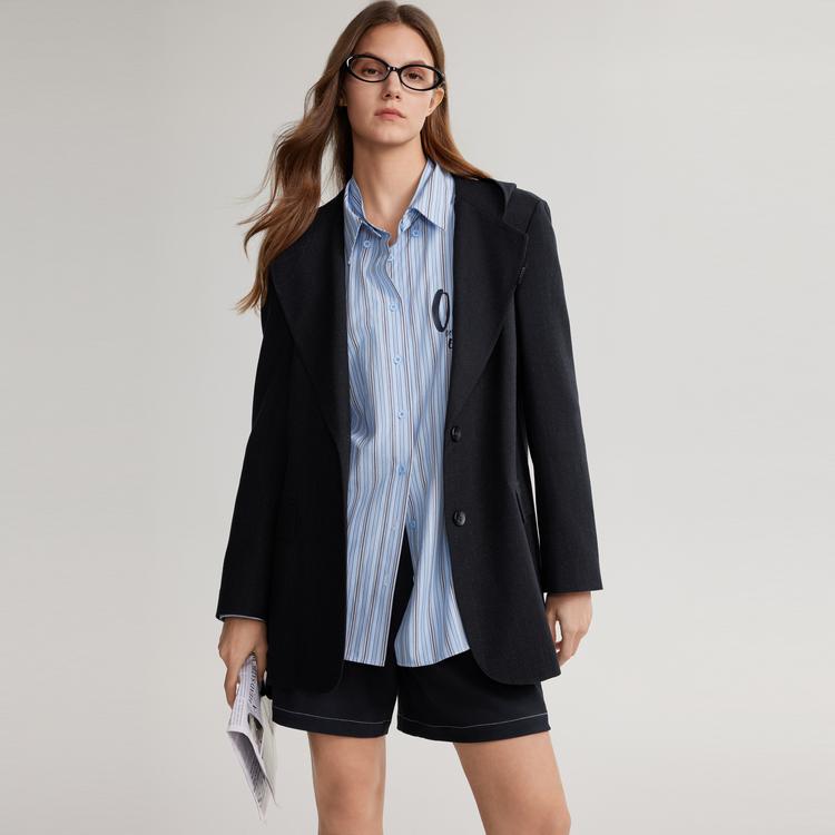 ELLE Francuski Design Jednolity Kolor Minimalistyczny Blazer z Kapturem Luźny Casualowy Garnitur Damskie marynarki Czarne EX49558