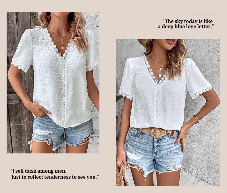Summer Casual European & American Lace V-Neck Solid Color Women's Shirt