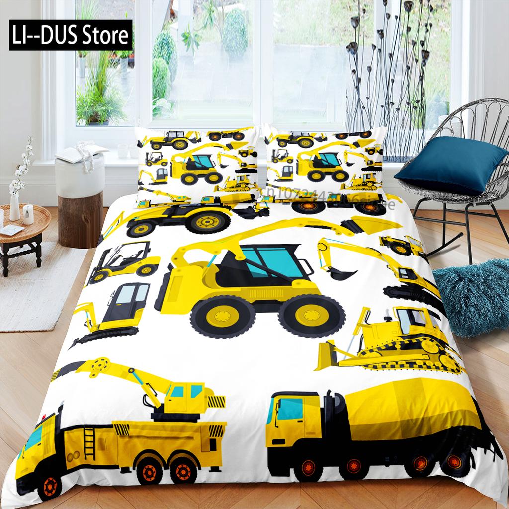 Cartoon-Auto-LKW-BaggerJunge Kinderdecke Durex Twin Full King Size 3-teiliges Bettbezug-Bettwäsche-Set Tagesdecke 200 x 200 240 x 220