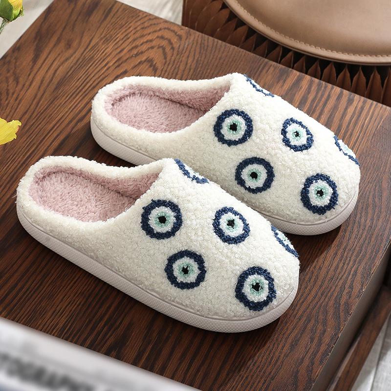 Fashion All Match Cartoon Eyes Cotton Women Slippers Winter White Faux Fur Pull On Slides Woman Non Slip Soft Bottom Plush Shoes Female