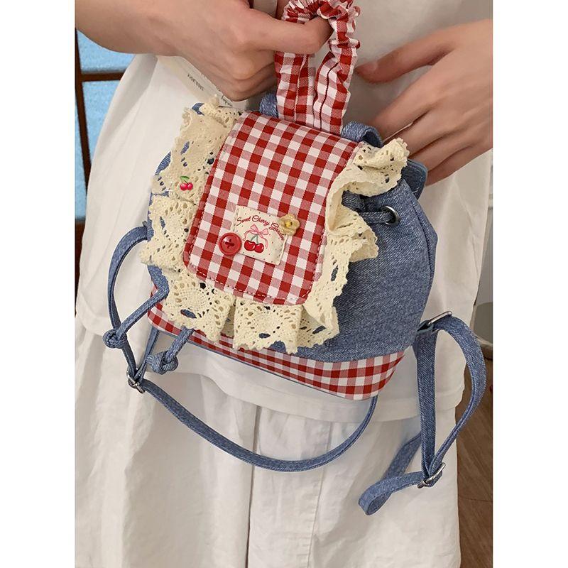 

Denim Backpack Bag Women 2025 New Trendy Fashion Plaid Lace Backpack Portable Shoulder Bucket Bag Red