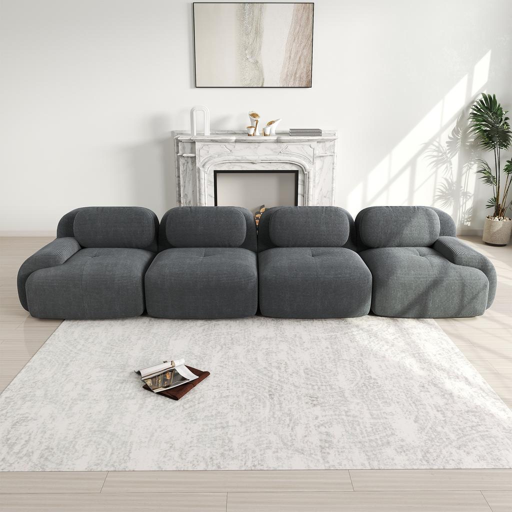 4-Seater Sofa Soft Corduroy, Frameless, 32D High-Elastic Padding, Pet-Friendly, Vacuum-Packed, Combinable, No Assembly for Bedroom and Office, Grey