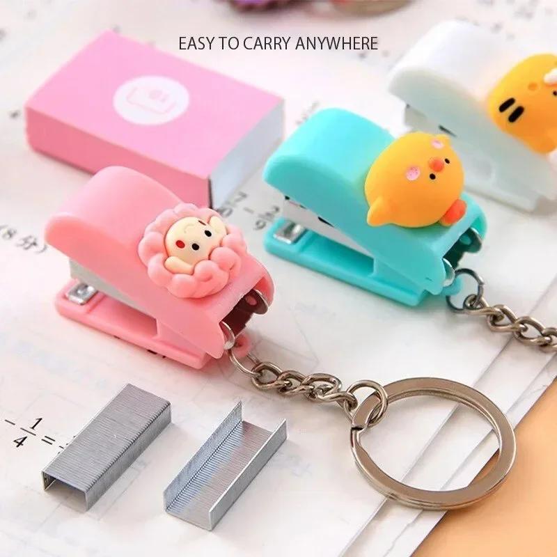 Cartoon Mini Stapler Keychain Kawaii Animal Trumpet Stapler Book Paper Binding Machines Student Stationery Cute Desk Accessories