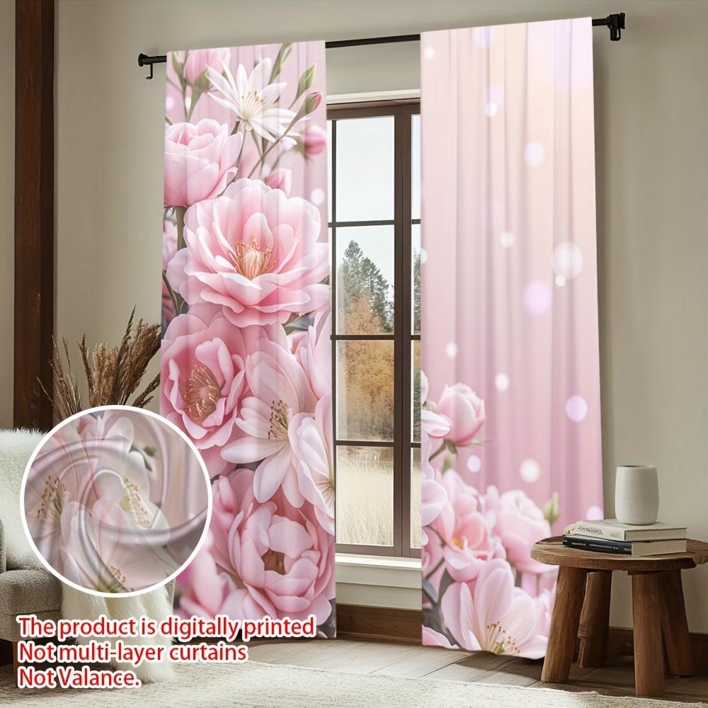 2pc Pink and White Peony Pattern Curtains, Polyester, Machine Washable, Suitable for Bedroom, Living Room, Kitchen, Office