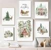 Wandkunst Malerei Weihnachten Bauernhaus Bilder Wald Hirsche Waldtiere Poster und Drucke Winter Leinwandbild Heimdekoration
