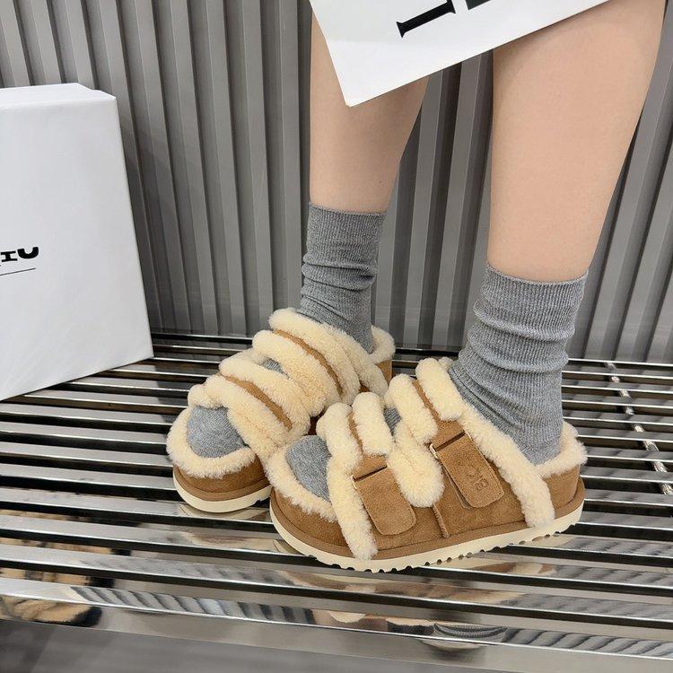 [Youshilai] 2025 Autumn and Winter New Platform Slippers with Plush One-word Fluff Drag Lazy Double Buckle Platform Women's Shoes