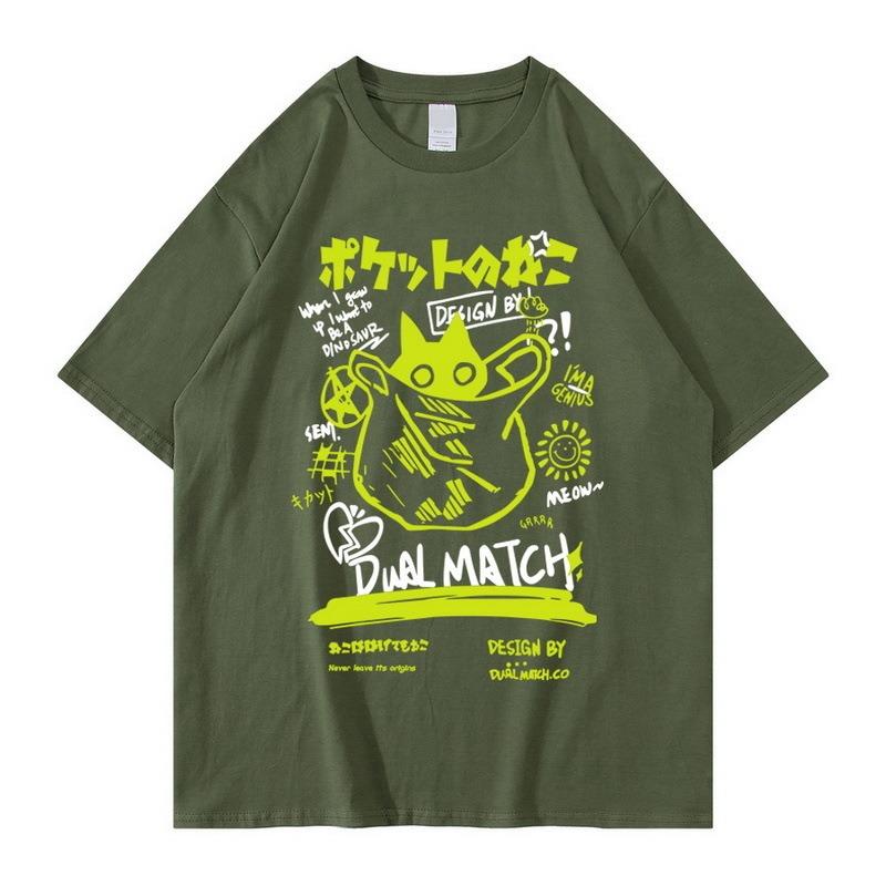 

Мужская летняя новая японская футболка с коротким рукавом с принтом Y2K, модная повседневная свободная футболка с круглым вырезом XXXL темно-зеленого