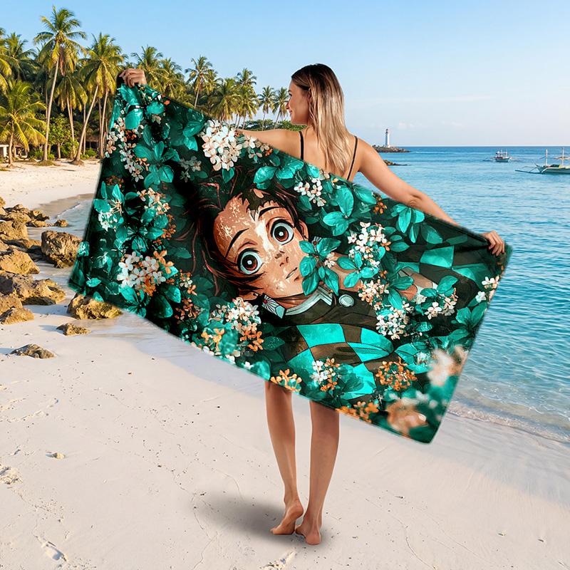 Kamado Tanjiro Printed Swim Towel, Portable Water Absorbent Towel for Beach Camping Daily Bathroom Use