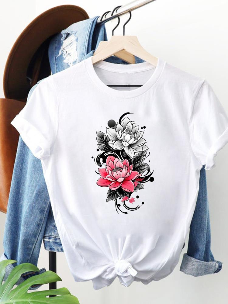 (Asian Size) Trend Flower Lovely Clothing Women Fashion Print Short Sleeve Tee Top Female T Shirt Woman Graphic T-shirts