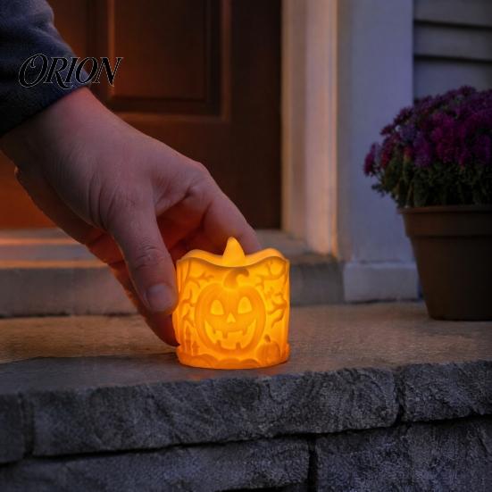 Halloween Pumpkin Lantern LED Candle, Flameless Electronic Tealight, Embossed Resin Lantern, Decorative for Spooky Table Decor Indoor Outdoor