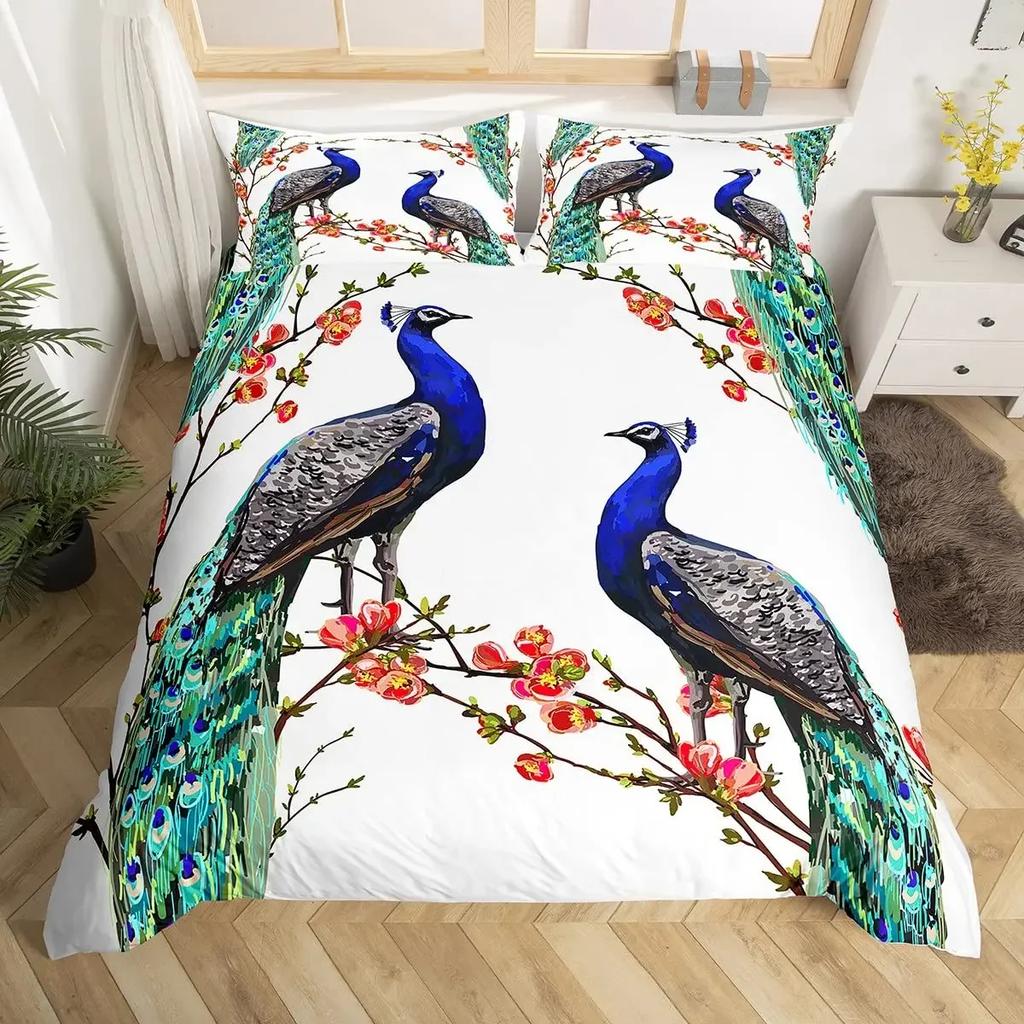 Peacock Comforter Cover Bohemian Duvet Cover Set Exotic Birds Animals Bedding Set Feather Floral Fresh Natural Bedspreads Cover