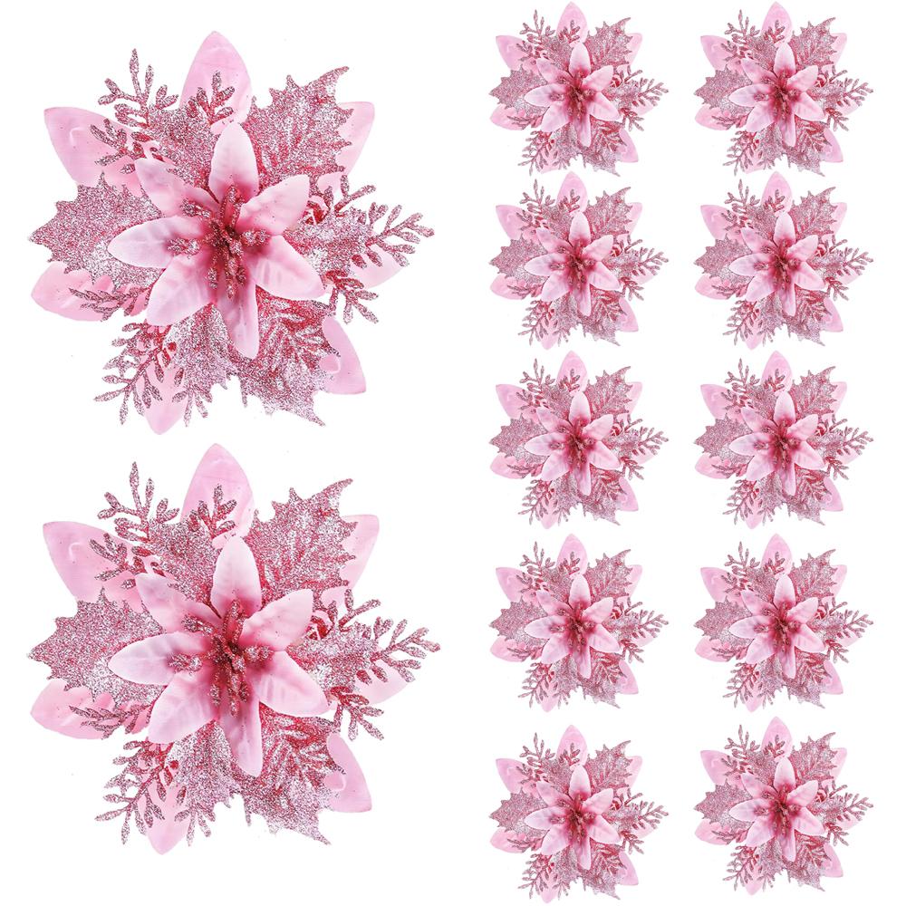 5/10Pcs 14.5cm Christmas Decoration Artifical Flower Ornaments Pink Red Gold Glitter Fake Flowers For Xmas Tree Home Decor
