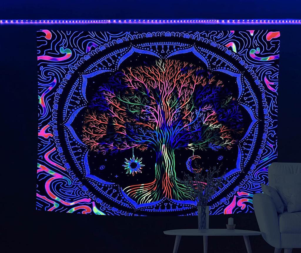 Tapeçaria fluorescente colorida psicodélica de luz negra da árvore da vida com resposta UV para pendurar na parede decoração de quarto hippie
