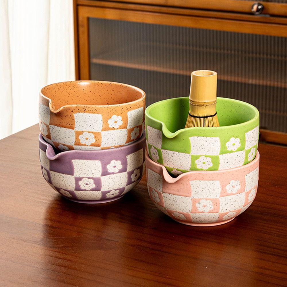 Checkered Sakura Pattern Matcha Whisk Stand Ceramic Green Tea Maker Cup for Tea Set Accessories