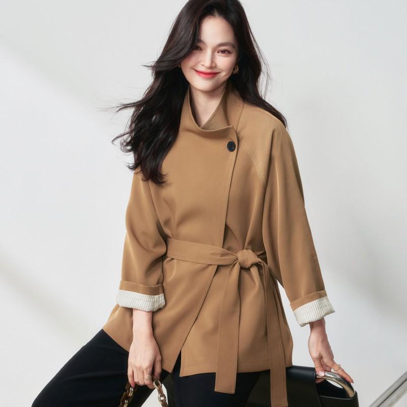 Womens Minimalist Stand Collar Long Trench Coat Loose Fit Casual Commuter Outerwear In Beige Khaki