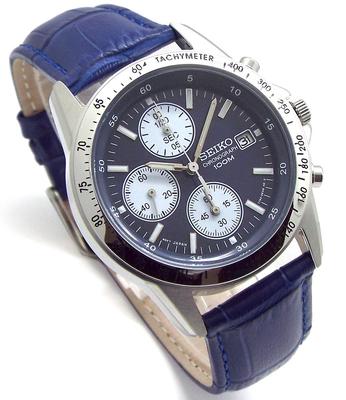 Chronografové hodinky s řemínkem z pravé kůže v námořnické modré barvě, oficiálně distribuované v Japonsku společností Seiko, modrá, SND365P1-BL