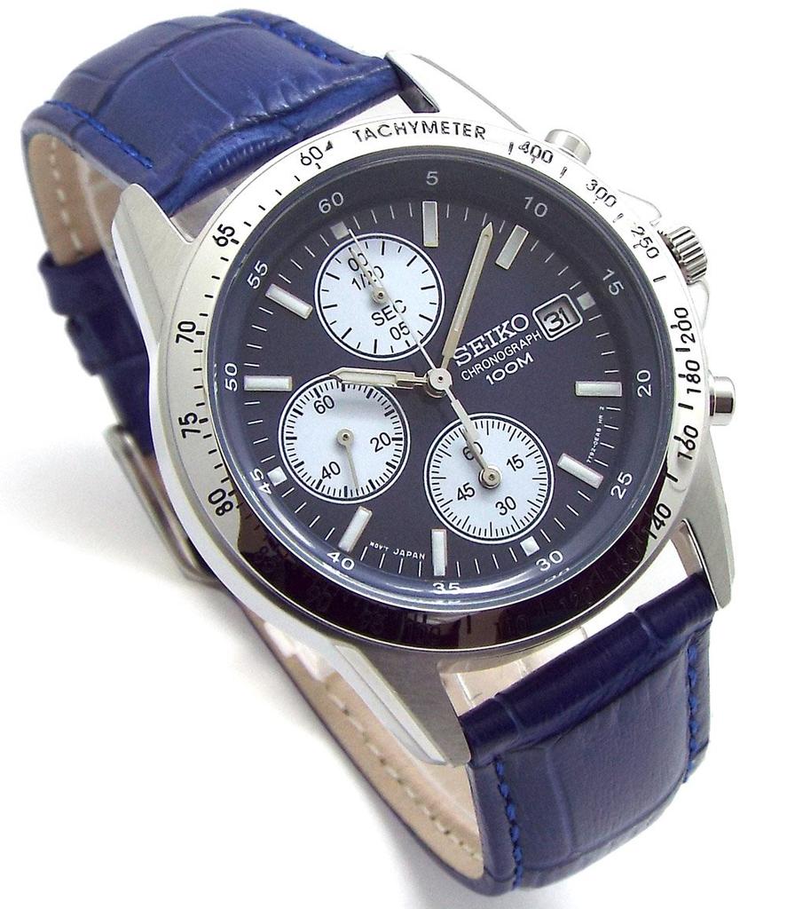 SEIKO Chronograph Watch with Genuine Leather Navy Officially Distributed in Japan by Seiko Strap, Blue, SND365P1-BL